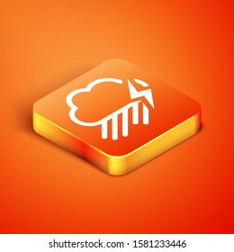Isometric Cloud with rain and lightning icon isolated on orange background. Rain cloud precipitation with rain drops.Weather icon of storm.  Vector Illustration
