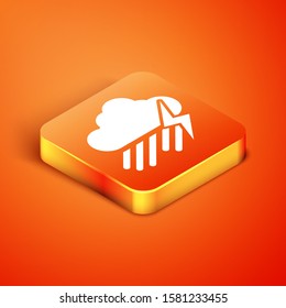 Isometric Cloud with rain and lightning icon isolated on orange background. Rain cloud precipitation with rain drops.Weather icon of storm.  Vector Illustration