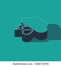 Isometric Cloud with rain and lightning icon isolated on green background. Rain cloud precipitation with rain drops.Weather icon of storm.  Vector Illustration