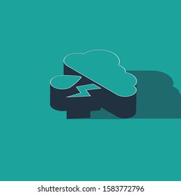 Isometric Cloud with rain and lightning icon isolated on green background. Rain cloud precipitation with rain drops.Weather icon of storm.  Vector Illustration