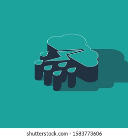 Isometric Cloud with rain and lightning icon isolated on green background. Rain cloud precipitation with rain drops.Weather icon of storm.  Vector Illustration