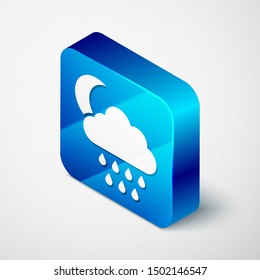 Isometric Cloud with rain and moon icon isolated on white background. Rain cloud precipitation with rain drops. Blue square button. Vector Illustration