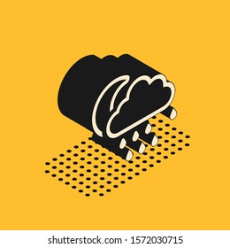 Isometric Cloud with rain and moon icon isolated on yellow background. Rain cloud precipitation with rain drops.  Vector Illustration