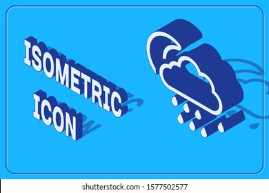 Isometric Cloud with rain and moon icon isolated on blue background. Rain cloud precipitation with rain drops.  Vector Illustration