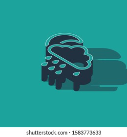 Isometric Cloud with rain and moon icon isolated on green background. Rain cloud precipitation with rain drops.  Vector Illustration
