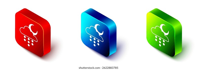 Isometric Cloud with rain and moon icon isolated on white background. Rain cloud precipitation with rain drops. Red, blue and green square button. Vector