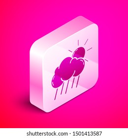 Isometric Cloud with rain and sun icon isolated on pink background. Rain cloud precipitation with rain drops. Silver square button. Vector Illustration