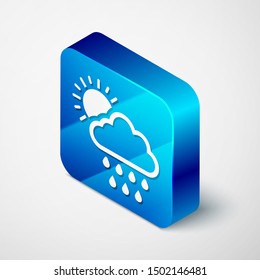 Isometric Cloud with rain and sun icon isolated on white background. Rain cloud precipitation with rain drops. Blue square button. Vector Illustration