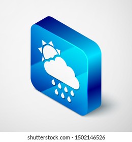 Isometric Cloud with rain and sun icon isolated on white background. Rain cloud precipitation with rain drops. Blue square button. Vector Illustration