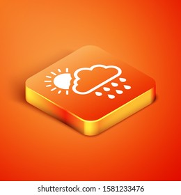 Isometric Cloud with rain and sun icon isolated on orange background. Rain cloud precipitation with rain drops.  Vector Illustration