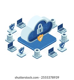 Isometric Cloud Security Concept with Data Protection Elements. Cloud Security Concept