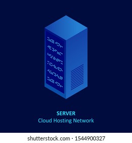 Isometric cloud server isolated on blue. Data center storage room objects. Network server room