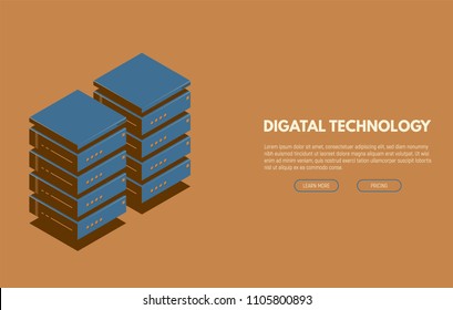 Isometric cloud servers with retro colors from 60s. Storage or data center isometric banner. Hosting and database network vector illustration. Networking and communication technology.