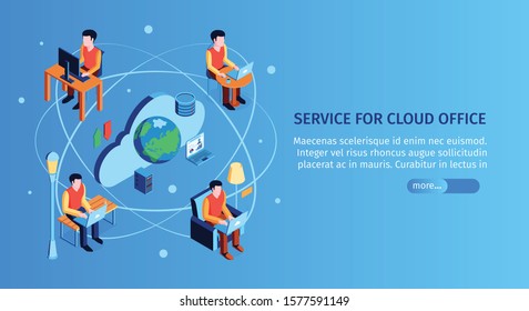 Isometric cloud service horizontal banner with text slider button and images of people connected via computers vector illustration
