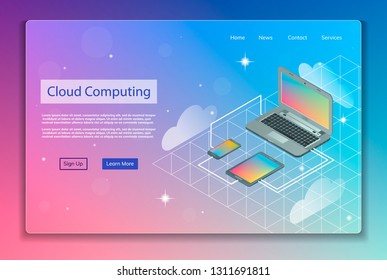 Isometric cloud service landing page. Cloud computing vector illustration for web page design.