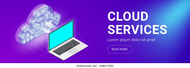 Isometric cloud services banner. Glowing cloud with icons inside communicates with laptop. Internet technology data exchange concept for web design, marketing and graphic design. Vector illustration