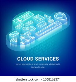 Isometric cloud services concept. Glowing cloud with icons inside. Internet technology Vector illustration for web design, marketing, banners and graphic design