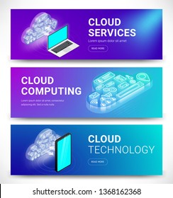 Isometric cloud services horizontal banners set. Cloud computing and technology concept. Vector illustration. For web sites, infographics, apps, marketing