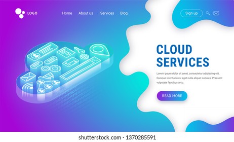 Isometric cloud services landing page on fluid neon background. Glowing cloud with icons inside. Website page concept. Internet technology Web design vector template