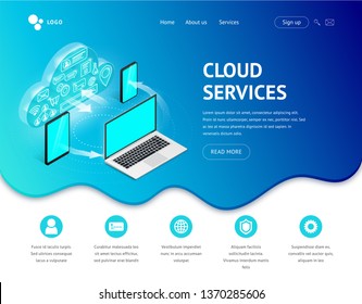 Isometric cloud services landing page on fluid blue background. Glowing cloud with icons inside data exchange with laptop, smartphone and tablet concept. Internet technology Web design vector template