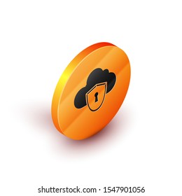 Isometric Cloud and shield icon isolated on white background. Cloud storage data protection. Security, safety, protection, privacy concept. Orange circle button. Vector Illustration