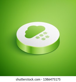 Isometric Cloud with snow icon isolated on green background. Cloud with snowflakes. Single weather icon. Snowing sign. White circle button. Vector Illustration