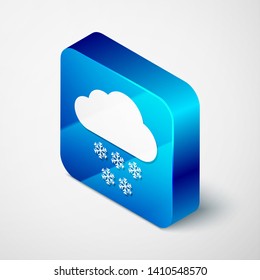 Isometric Cloud with snow icon isolated on white background. Cloud with snowflakes. Single weather icon. Snowing sign. Blue square button. Vector Illustration