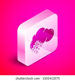 Isometric Cloud with snow icon isolated on pink background. Cloud with snowflakes. Single weather icon. Snowing sign. Silver square button. Vector Illustration