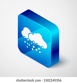 Isometric Cloud with snow icon isolated on white background. Cloud with snowflakes. Single weather icon. Snowing sign. Blue square button. Vector Illustration