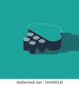 Isometric Cloud with snow icon isolated on green background. Cloud with snowflakes. Single weather icon. Snowing sign.  Vector Illustration