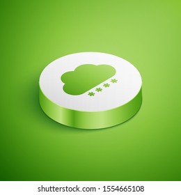 Isometric Cloud with snow icon isolated on green background. Cloud with snowflakes. Single weather icon. Snowing sign. White circle button. Vector Illustration