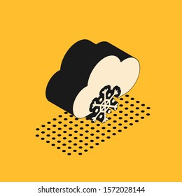 Isometric Cloud with snow icon isolated on yellow background. Cloud with snowflakes. Single weather icon. Snowing sign.  Vector Illustration