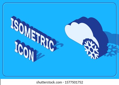 Isometric Cloud with snow icon isolated on blue background. Cloud with snowflakes. Single weather icon. Snowing sign.  Vector Illustration