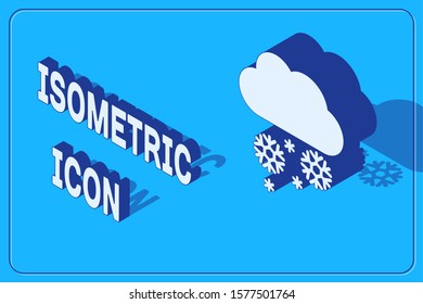 Isometric Cloud with snow icon isolated on blue background. Cloud with snowflakes. Single weather icon. Snowing sign.  Vector Illustration