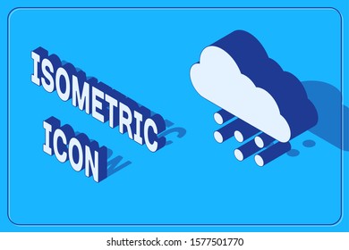 Isometric Cloud with snow icon isolated on blue background. Cloud with snowflakes. Single weather icon. Snowing sign.  Vector Illustration