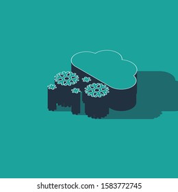 Isometric Cloud with snow icon isolated on green background. Cloud with snowflakes. Single weather icon. Snowing sign.  Vector Illustration
