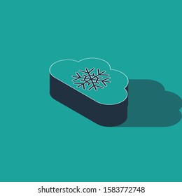 Isometric Cloud with snow icon isolated on green background. Cloud with snowflakes. Single weather icon. Snowing sign.  Vector Illustration
