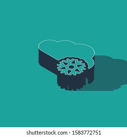 Isometric Cloud with snow icon isolated on green background. Cloud with snowflakes. Single weather icon. Snowing sign.  Vector Illustration