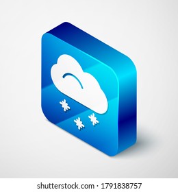 Isometric Cloud with snow icon isolated on grey background. Cloud with snowflakes. Single weather icon. Snowing sign. Blue square button. Vector Illustration