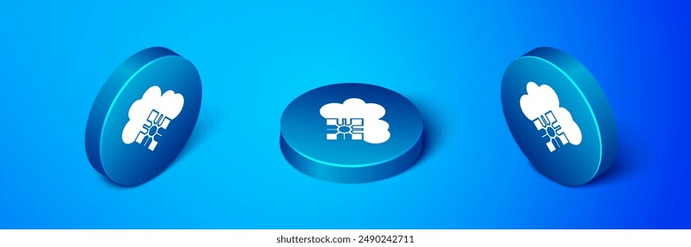 Isometric Cloud with snow icon isolated on blue background. Cloud with snowflakes. Single weather icon. Snowing sign. Blue circle button. Vector