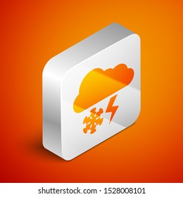 Isometric Cloud with snow and lightning icon isolated on orange background. Cloud with snowflakes. Single weather icon. Snowing sign. Silver square button. Vector Illustration