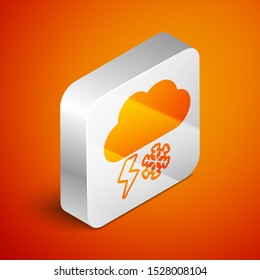 Isometric Cloud with snow and lightning icon isolated on orange background. Cloud with snowflakes. Single weather icon. Snowing sign. Silver square button. Vector Illustration