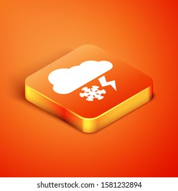Isometric Cloud with snow and lightning icon isolated on orange background. Cloud with snowflakes. Single weather icon. Snowing sign.  Vector Illustration