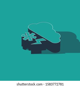 Isometric Cloud with snow and lightning icon isolated on green background. Cloud with snowflakes. Single weather icon. Snowing sign.  Vector Illustration