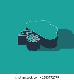 Isometric Cloud with snow and lightning icon isolated on green background. Cloud with snowflakes. Single weather icon. Snowing sign.  Vector Illustration