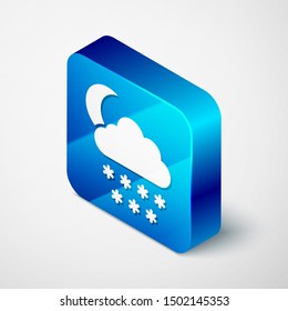Isometric Cloud with snow and moon icon isolated on white background. Cloud with snowflakes. Single weather icon. Snowing sign. Blue square button. Vector Illustration