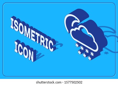 Isometric Cloud with snow and moon icon isolated on blue background. Cloud with snowflakes. Single weather icon. Snowing sign.  Vector Illustration