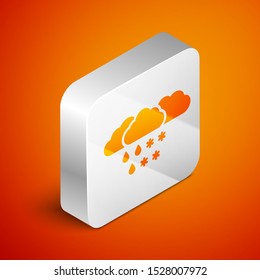 Isometric Cloud with snow and rain icon isolated on orange background. Weather icon. Silver square button. Vector Illustration