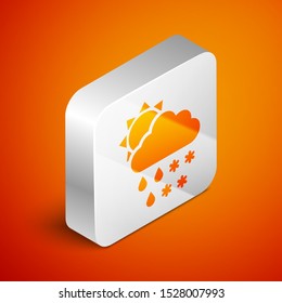 Isometric Cloud with snow and rain icon isolated on orange background. Weather icon. Silver square button. Vector Illustration