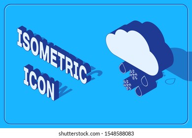 Isometric Cloud with snow and rain icon isolated on blue background. Weather icon.  Vector Illustration